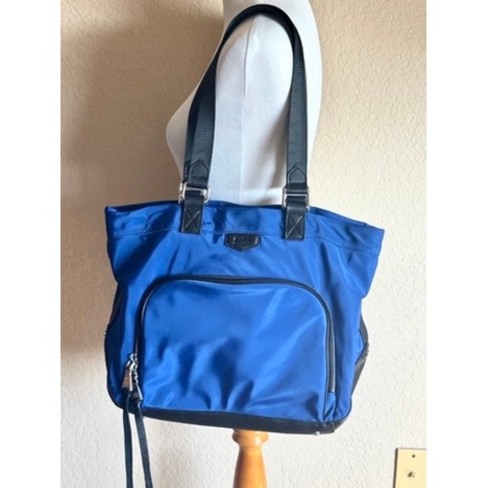 Aimee Kestenberg Blue Nylon Leather Trim Large Tote Shoulder Bag Silver Hardware